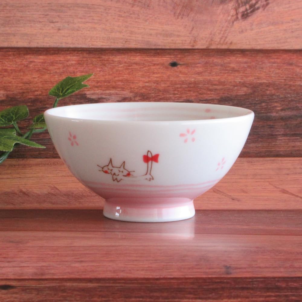 Amazon | ご飯茶碗 陶器 リボン猫ピンク茶碗 和食器 美濃焼 業務用